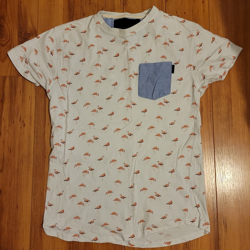 Flamingo Print White T-Shirt with Blue Pocket